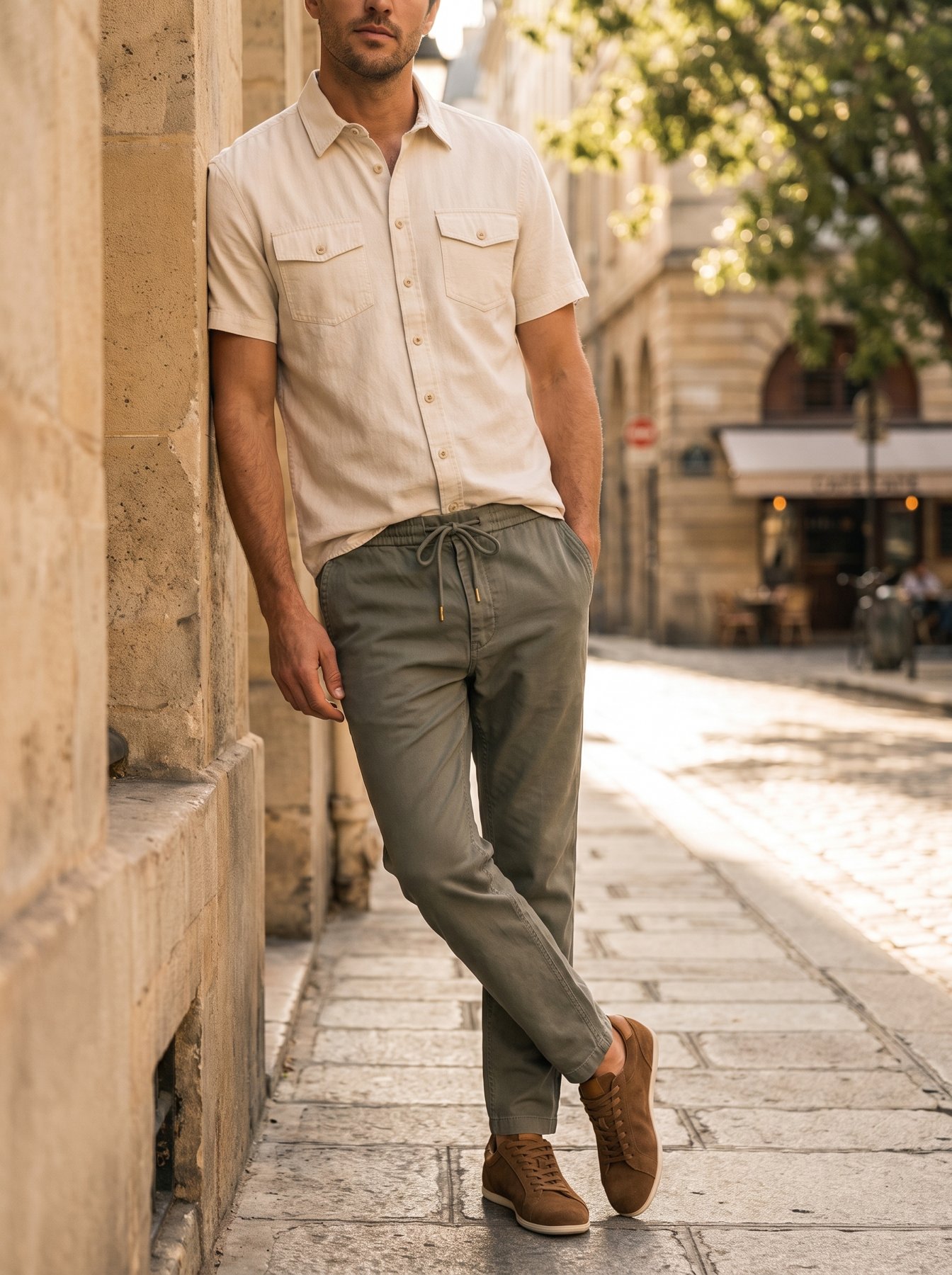 A man in a natural short-sleeve chambray shirt, smoked-olive drawstring trousers and cognac suede sneakers on a sunlit stone street