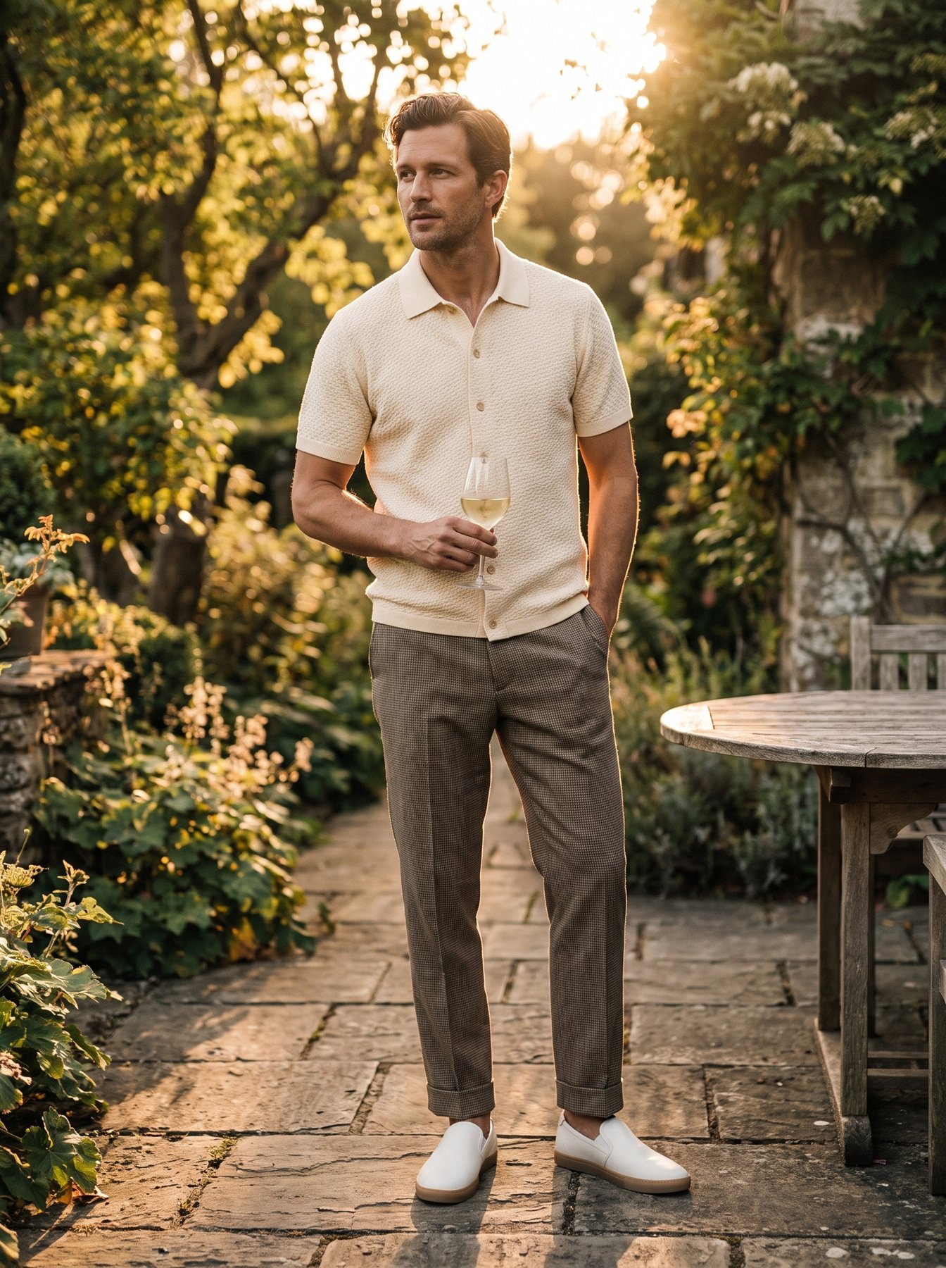 A man in an oat textured-knit polo, morel micro-check trousers and bone leather sneakers on a garden terrace at golden hour
