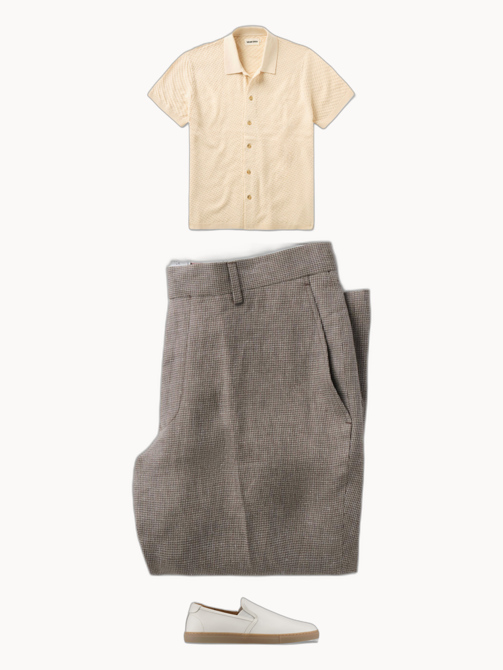Oat Knit Polo & Morel Check — outfit collage