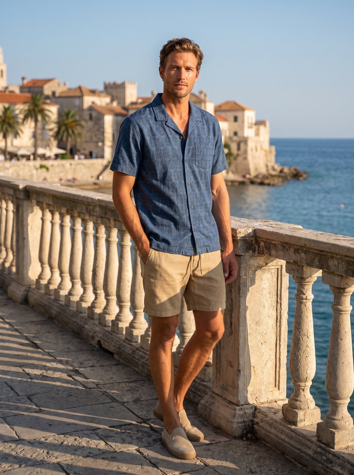 A man in a blue selvage camp-collar resort shirt, khaki drawstring shorts and sand suede sneakers on a Mediterranean seaside terrace
