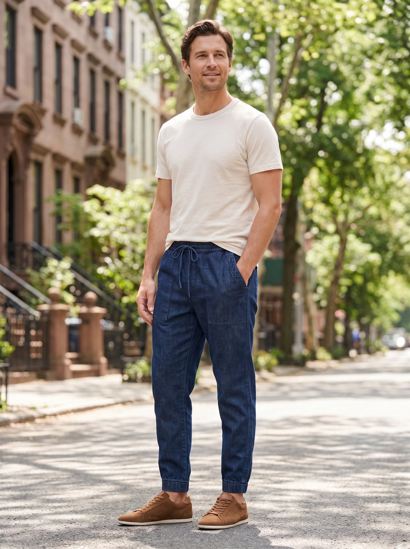 A man in an ecru cotton-hemp tee, rinsed-indigo drawstring denim and cognac suede sneakers on a leafy brownstone street