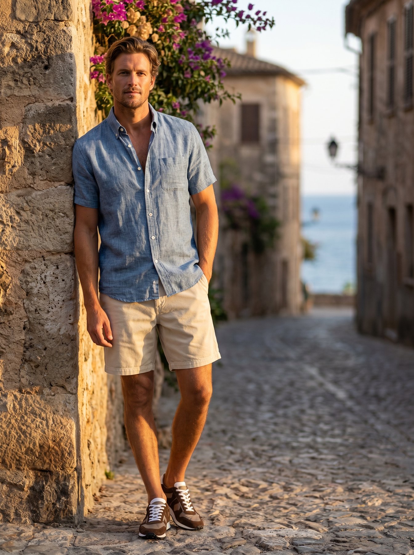 A man in a blue short-sleeve chambray shirt, stone shorts and brown suede runners on a Mediterranean cobbled street at golden hour