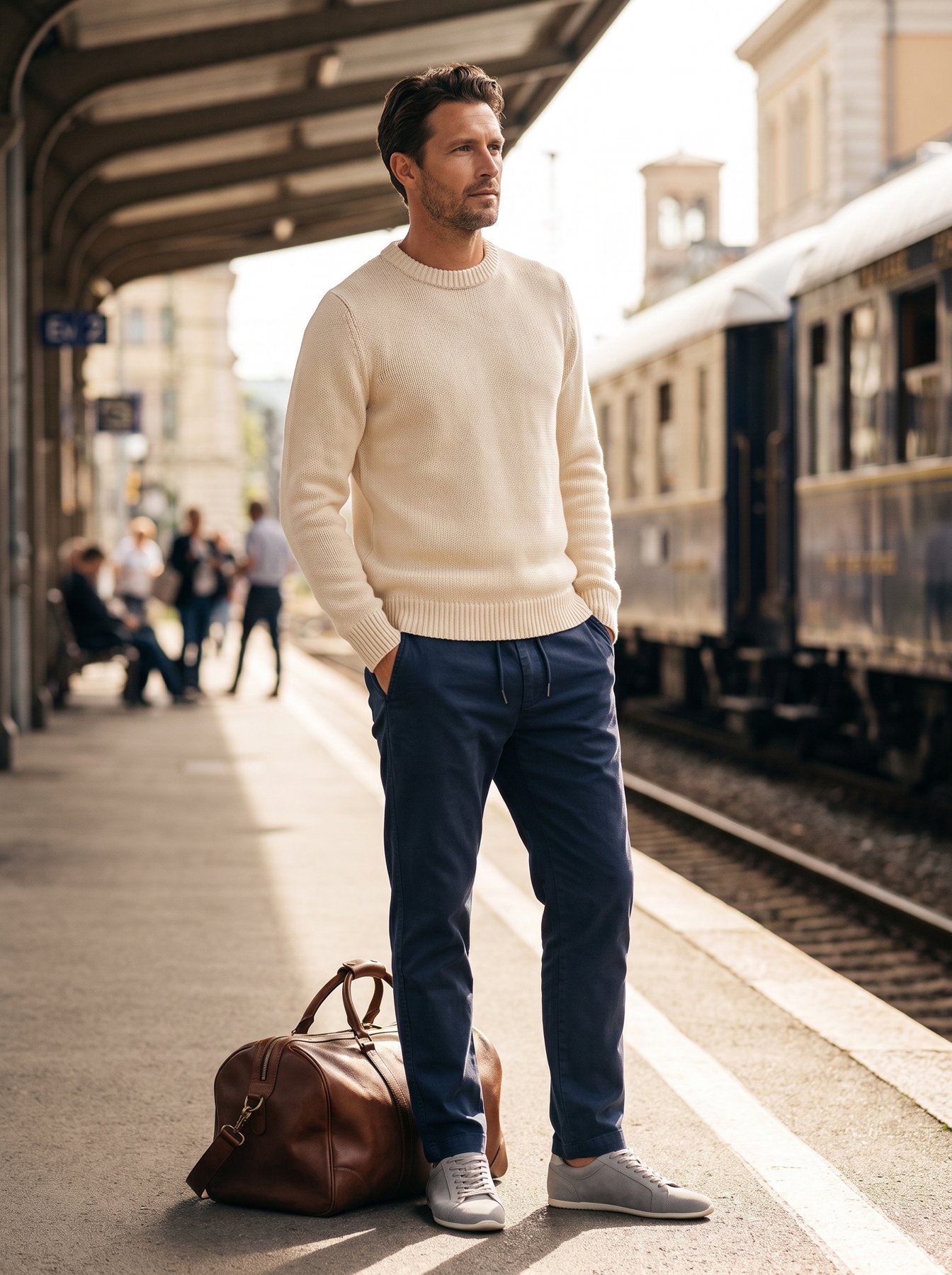 A man in a cream waffle-knit crew sweater, navy drawstring trousers and grey suede sneakers on a European railway platform, a leather holdall at his feet