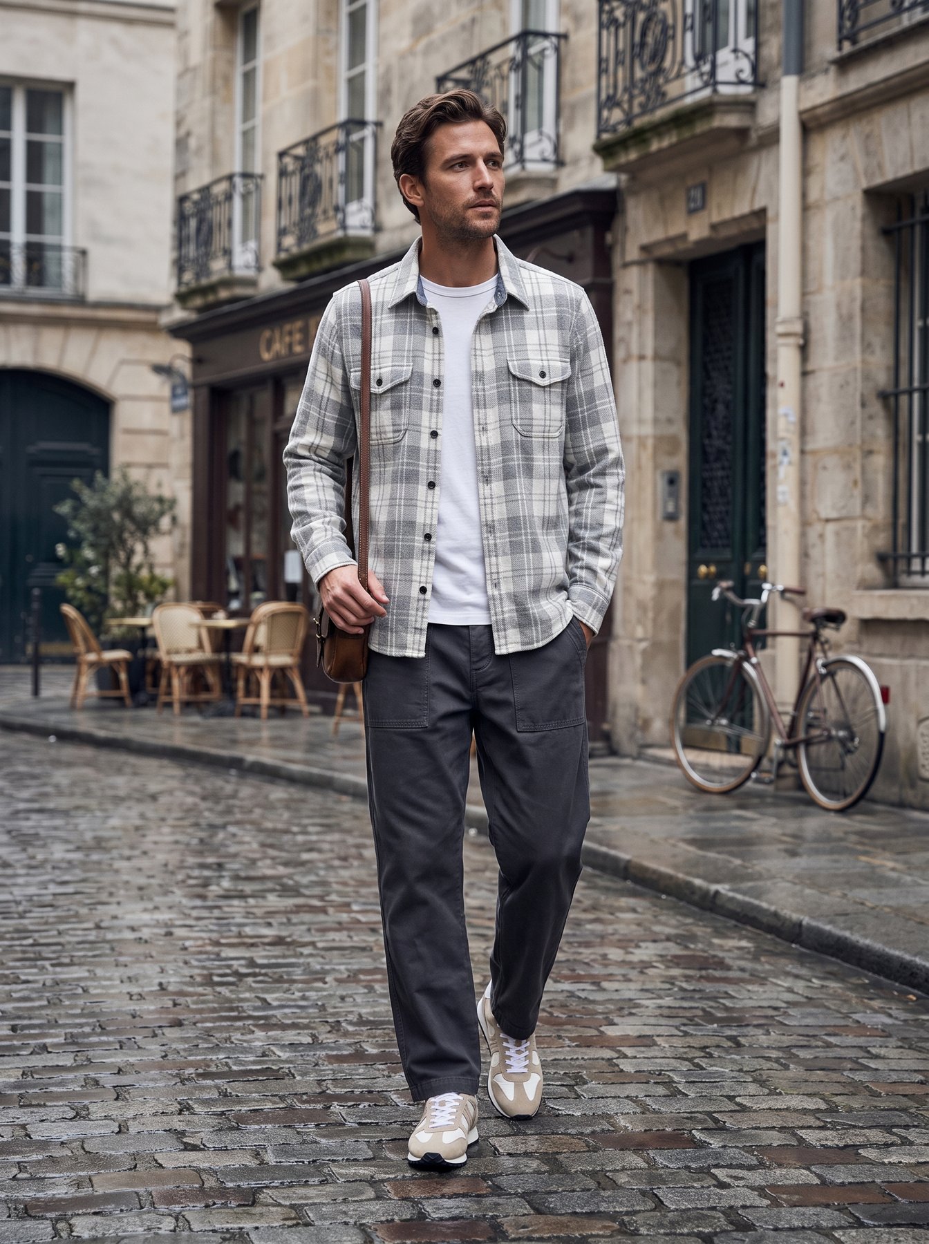 A man in a grey checked overshirt over a white tee, charcoal utility trousers and sand suede runners on a wet cobbled Paris street