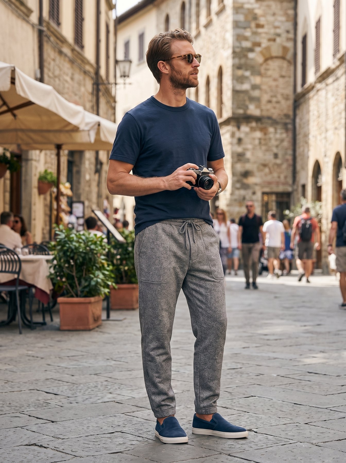 A man in a navy cotton tee, grey-marl drawstring trousers and navy slip-on sneakers exploring a sunlit Tuscan old-town street with a camera