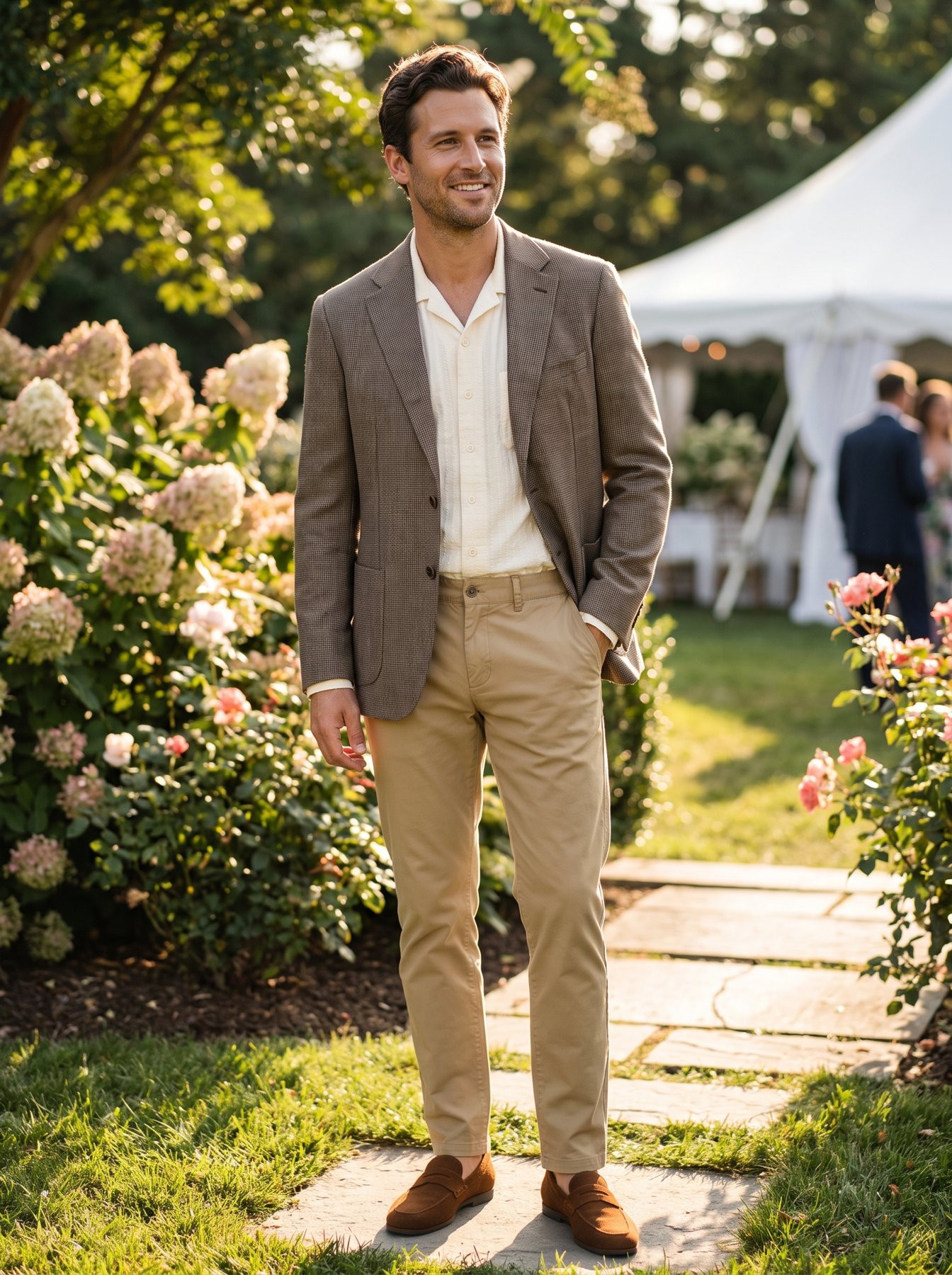 A man in a brown micro-check sport coat over a cream shirt, tan trousers and russet suede penny loafers at a summer garden wedding